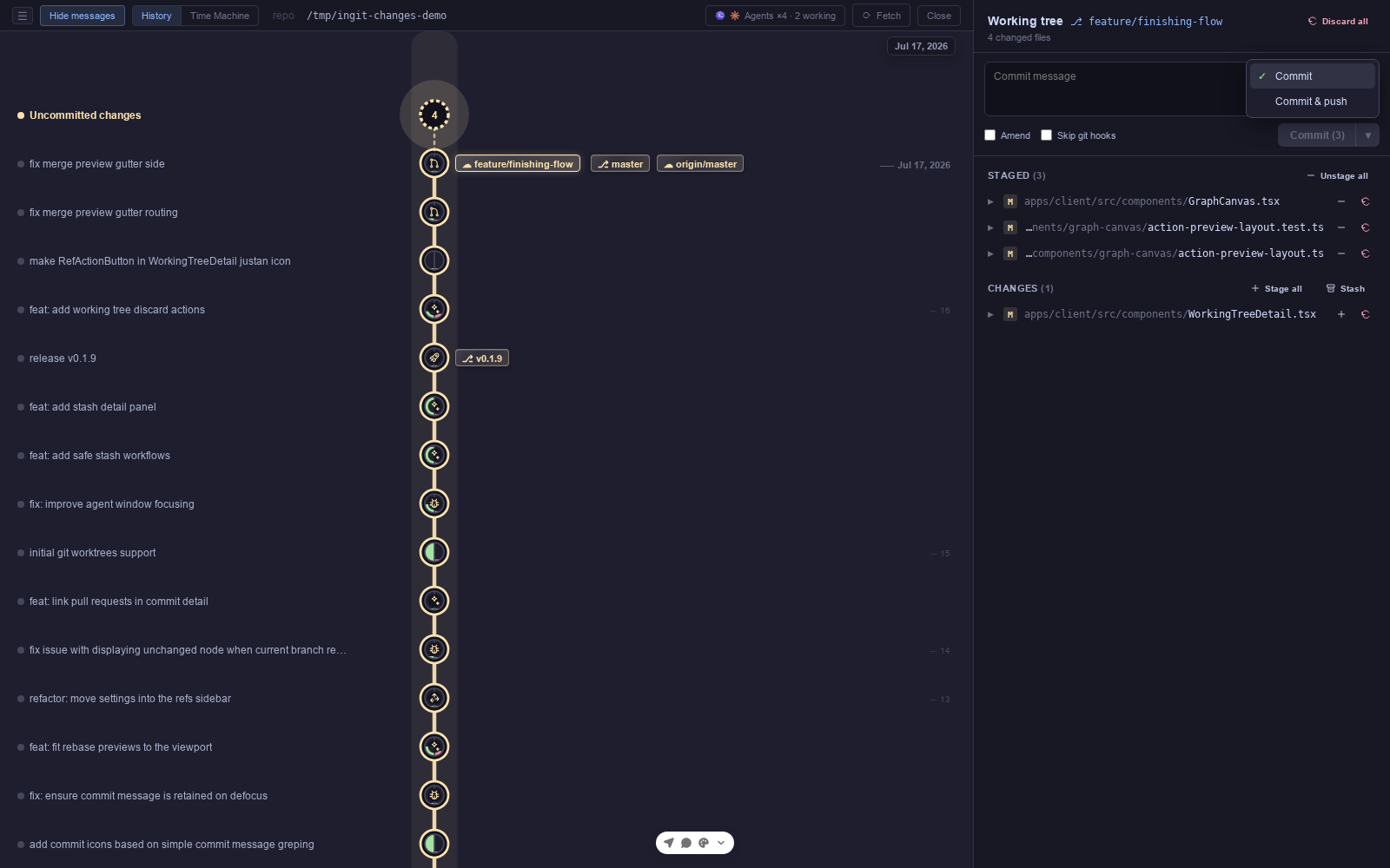 ingit working tree with staged and unstaged files, stash and discard actions, and the commit or commit and push menu