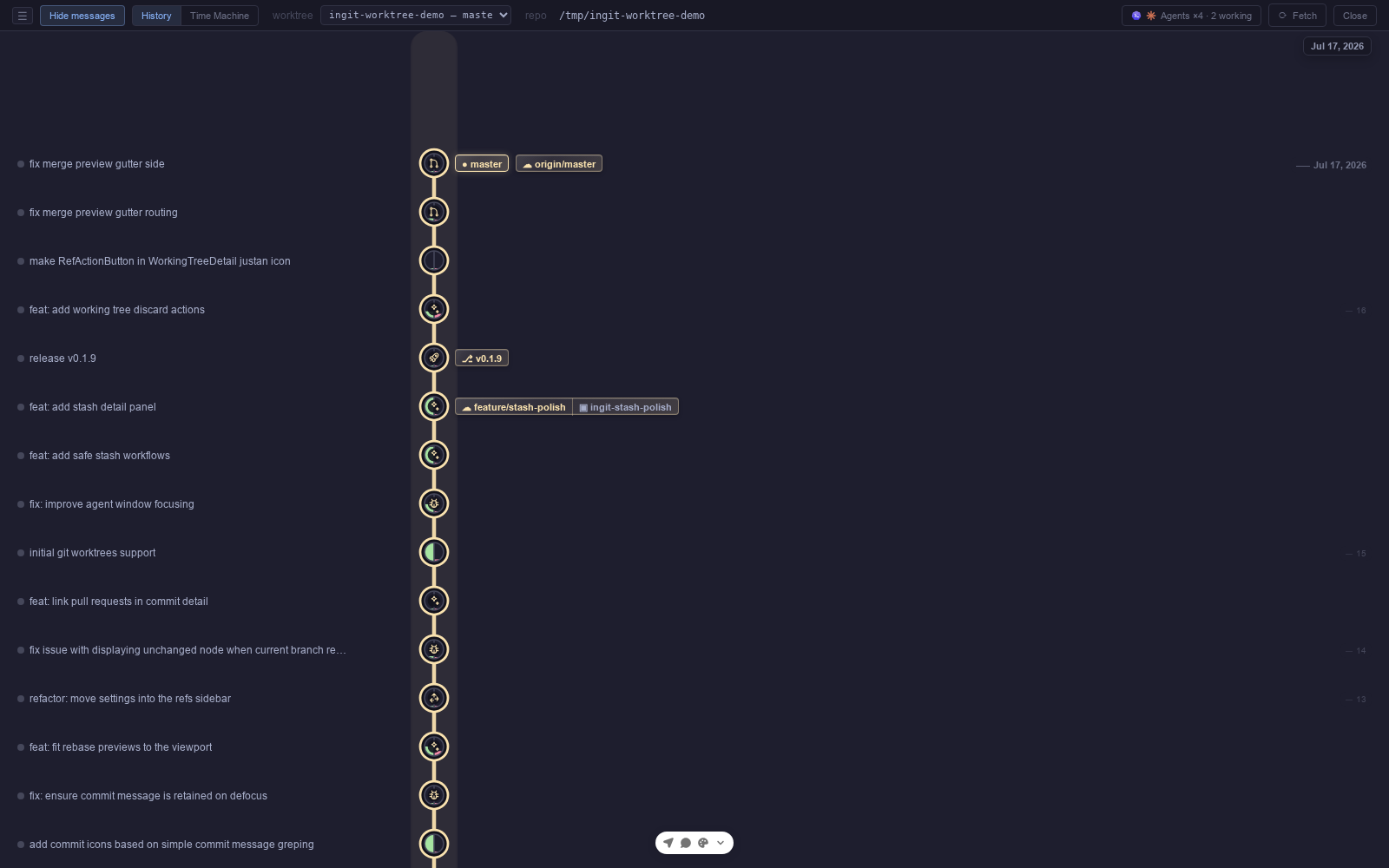 ingit commit graph with a linked feature worktree labeled on its branch and a worktree switcher in the header
