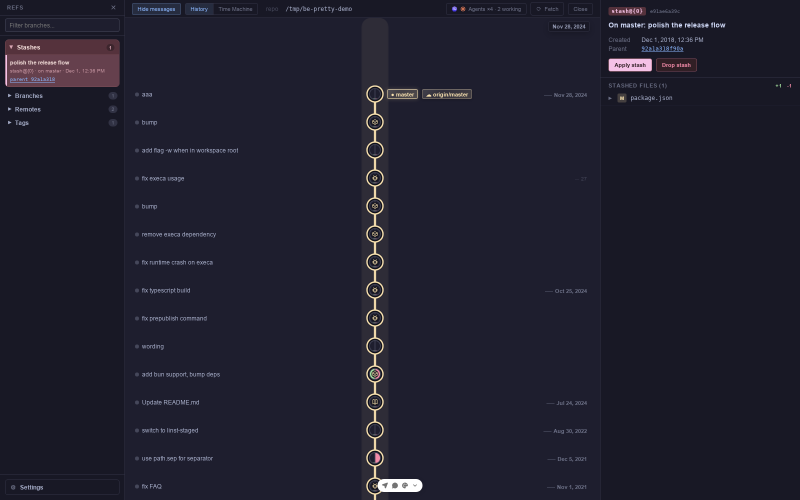 ingit with the stash list open on the left and a selected stash detail with apply, drop, parent, and changed files on the right